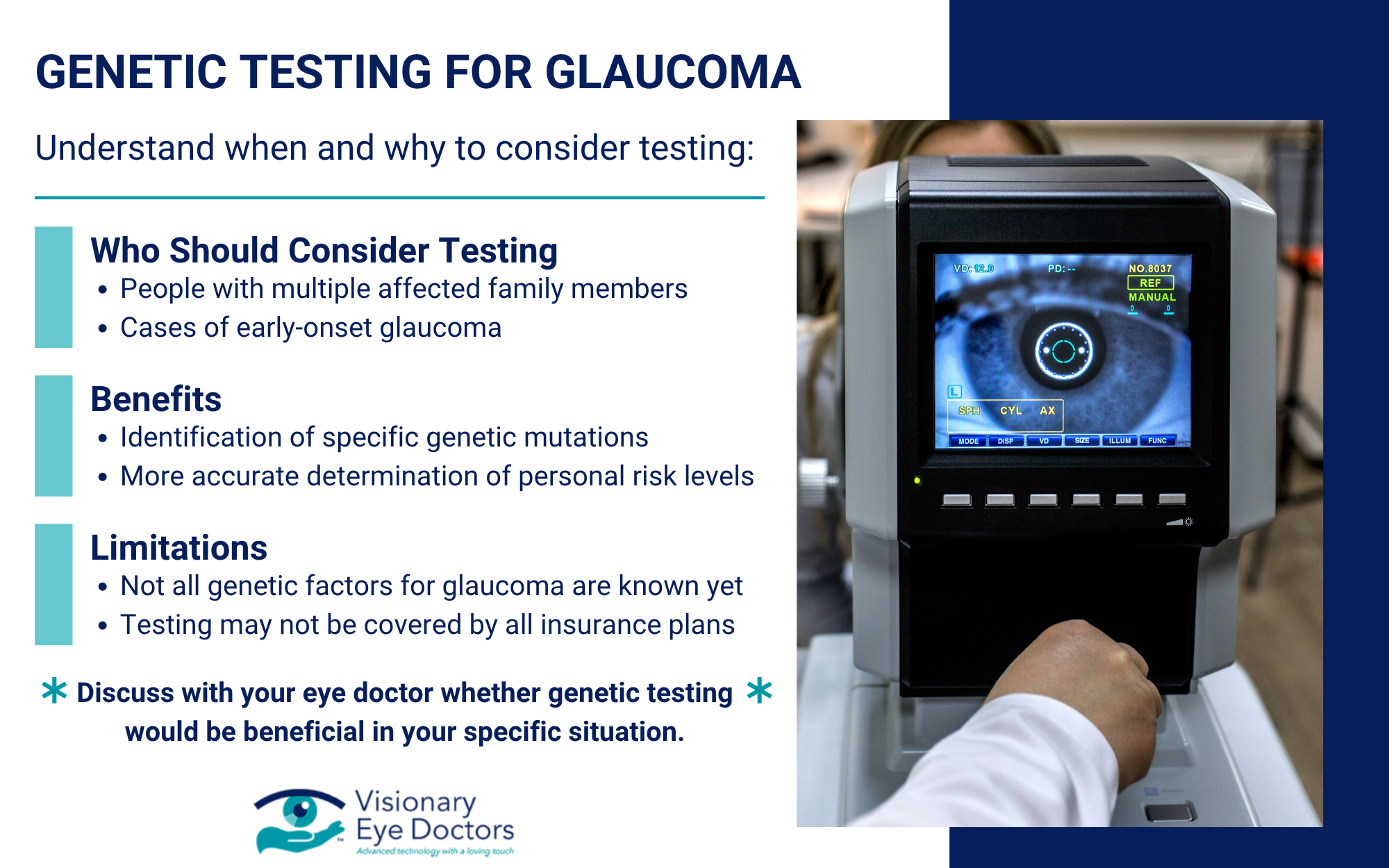 Infographic that outlines the criteria, benefits, and other information for genetic testing for glaucoma.