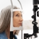 Elderly woman getting her eye checked at the optometrist