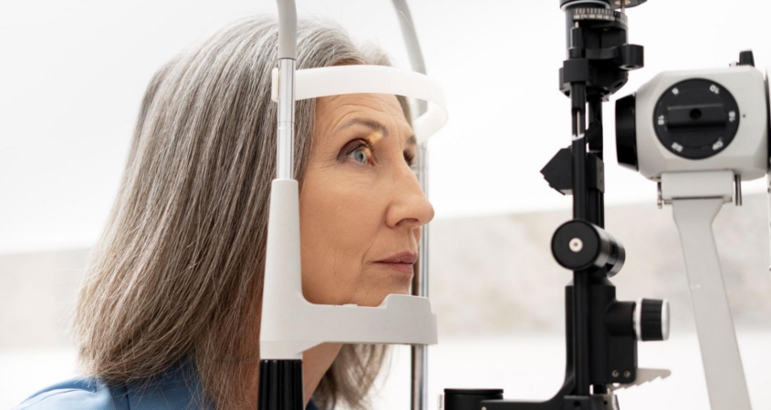 Elderly woman getting her eye checked at the optometrist