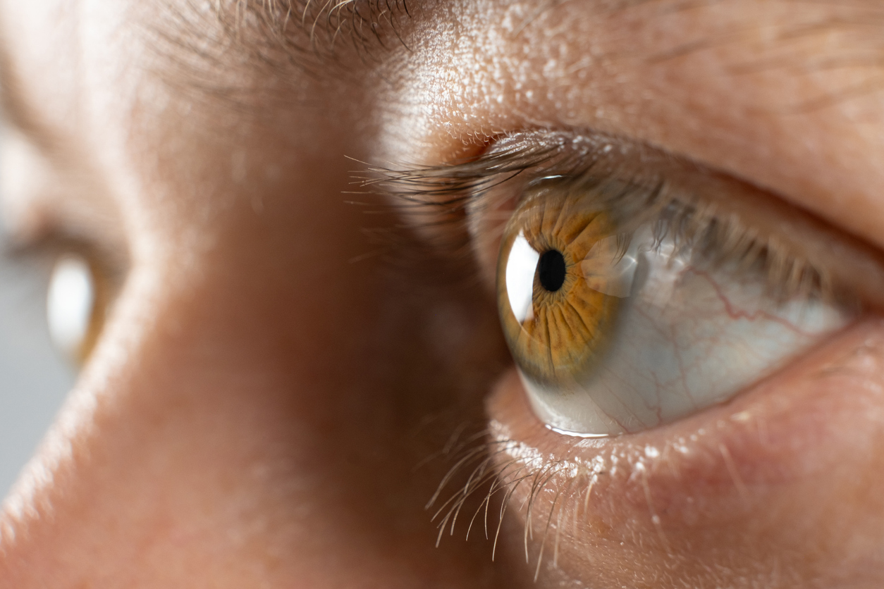 Macro shot of clear normal cornea and brown iris